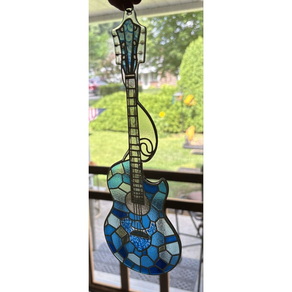 Blue Stained Glass Guitar Suncatcher Window Hanging Art w/ Chain 17" Handmade